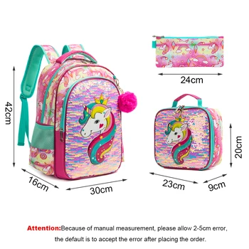 Школьные сумки с пайетками в виде единорога для девочек, детский рюкзак с ланч-боксом 3 В 1, рюкзак большой емкости для школьных книг 2022 Изображение