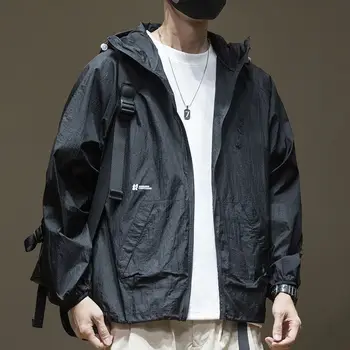 Американская тонкая солнцезащитная куртка с капюшоном Для мужчин, для рыбалки на открытом воздухе, Быстросохнущая, большого размера, Свободные куртки с защитой от ультрафиолета, мужская одежда Изображение