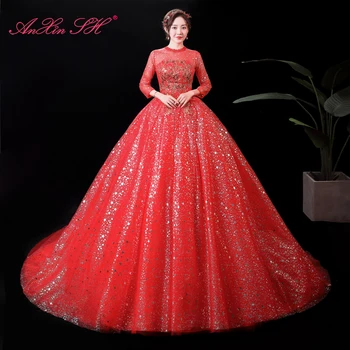 AnXin SH принцесса красное цветочное кружевное свадебное платье французское ретро винтажное свадебное платье невесты с круглым вырезом и оборками с длинным рукавом Изображение