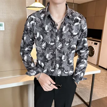 Мужская рубашка с принтом в бутике, брендовая одежда, мужская приталенная деловая рубашка с длинным рукавом, мужская модная рубашка для вечеринок и клубов Изображение