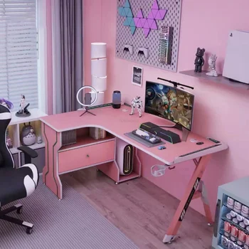 Высококачественные настольные компьютерные столы Угловой письменный стол для спальни Студенческие столы со шкафом Современный игровой стол из углеродного волокна с местом для хранения Изображение