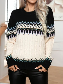 Женский Винтажный пуловер с рисунком Аргайл, свитер с длинным рукавом и круглым вырезом, Свободные свитера Оверсайз, Джемпер Изображение