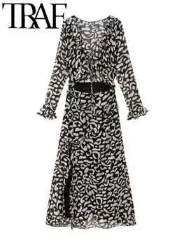 TRAF GAL Полупрозрачный леопардовый принт, женское длинное платье Миди с V-образным вырезом, расклешенный халат, женские платья, лето 2023 г. Изображение