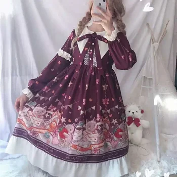 Японское милое платье в стиле Лолиты с длинными рукавами, Японское мягкое платье в стиле Лолиты с принтом 