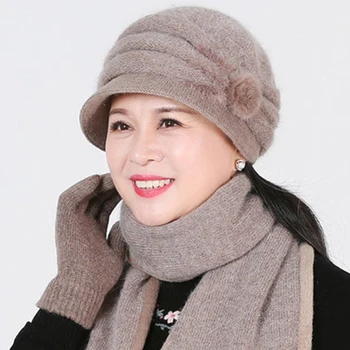 Женская зимняя уличная вязаная шапка из толстого кроличьего меха Для мамы, теплая эластичная вязаная шапка, женская элегантная шапочка-тюбетейка, праздничный подарок Изображение