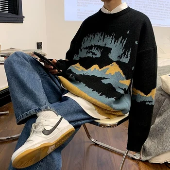 Зимний свитер Мужская Корейская модная одежда Уличная одежда с горным узором Свободные свитера Оверсайз Мужские трикотажные рубашки с длинным рукавом Изображение