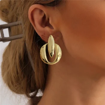 Позолоченные Полые Большие круглые серьги-капли для женщин Геометрический металл в стиле панк Модные украшения Подарки Изображение
