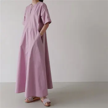 2022 Женское Летнее Хлопковое длинное платье с коротким рукавом свободного кроя Платье Оверсайз Vestidos Женское Элегантное Розовое платье Макси Изображение