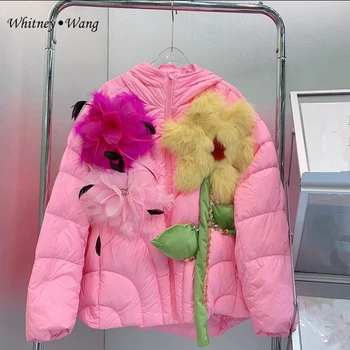 Дизайнерский стиль Уитни ВАН 2022 Зимняя уличная мода, парка с 3D цветочным рисунком, женское стеганое пальто, верхняя одежда Изображение