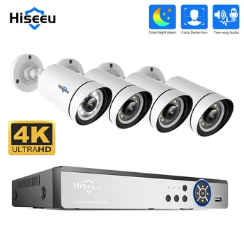 Комплект Камеры безопасности Hiseeu 4K UHD 4CH 8MP PoE, Цветное Ночное Видение, Двустороннее Аудио, Обнаружение Гуманоидов, Удаленный Просмотр приложений На открытом воздухе IP Изображение