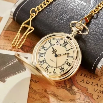 Карманные часы, классические резные карманные немеханические часы с откидной крышкой, винтажные часы на цепочке Изображение