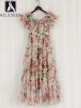 Модное дизайнерское летнее платье AELESEEN, женский вырез лодочкой с открытыми плечами, цветочный принт, Марлевая сетка, Съедобный древесный гриб, Элегантное Изображение