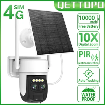 Qettopo 4K 8MP 4G Sim-карта с двумя объективами WIIF Солнечная камера Аккумулятор PIR Обнаружение человека Наружная камера видеонаблюдения Изображение