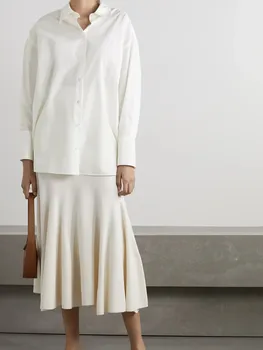 Женская модная хлопковая блузка с открытыми плечами, универсальная женская однобортная белая свободная рубашка с длинными рукавами и топ Изображение