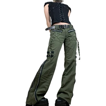 Женские бандажные брюки-карго с низкой талией, гранжевые зеленые джинсы на молнии, свободные брюки, мешковатые винтажные брюки в стиле готик-панк, Корейские спортивные брюки Изображение