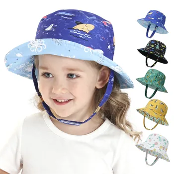 Детская Мультяшная Шляпа От Солнца С Широкими Полями Upf 50 + Защитная Шляпа Для Маленьких Мальчиков И Девочек Регулируемая Панама Детская Шляпа-Клош Пляжные Кепки Изображение