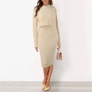 Женское темпераментное однотонное трикотажное платье, повседневный пуловер с длинным рукавом, облегающее платье, комплект из 2 предметов, Корейский модный джемпер Миди-платье Изображение