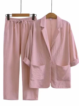 Новые весенние комплекты женских костюмов Aurumn из двух предметов, женская повседневная куртка, брюки с эластичной резинкой на талии, комплект модных свободных брюк для офисных леди Изображение