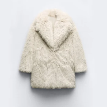 Зимнее женское пальто с эффектом искусственной кожи 2024, модная теплая женская свободная куртка с длинным рукавом и утолщенным плюшевым отворотом Изображение