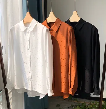 Ограниченная распродажа - Elfbop 100% Шелковая блузка-рубашка с длинным рукавом в карамельный / Белый/ черный горошек Изображение