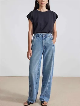 Синие высокие 2024 Весна новые женские брюки изогнутой боковой шов передней сдвиг джинсы Женские винтажные широкие брюки джинсовые брюки Изображение