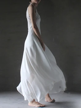Женское белое весенне-летнее длинное платье из чистого шелка Изображение