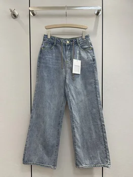 Женские джинсы класса люкс C, летние новые модные джинсовые брюки синего цвета с прямыми штанинами, свободные повседневные брюки с высокой талией Изображение