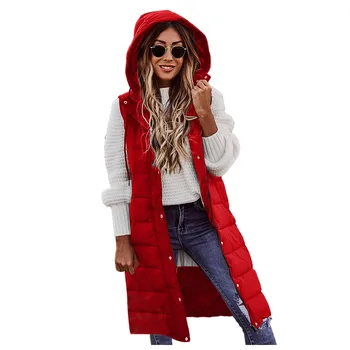 Длинный жилет с капюшоном, пуховик, женская куртка, стеганое пальто, куртка без рукавов, зимние легкие свитера Изображение