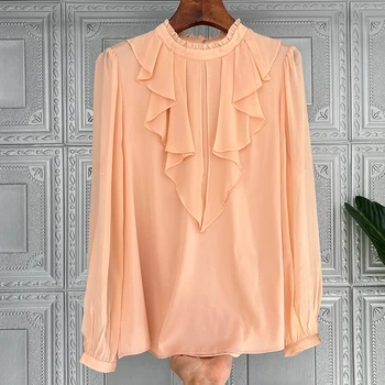 Шелковая рубашка Женская розовая рубашка с оборками вокруг шеи Весна-лето 2023, новая европейская шелковая блузка с длинными рукавами Изображение
