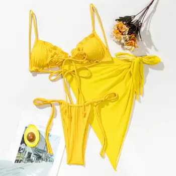 3 шт./компл. Популярный женский купальник с оборками, облегающий сексуальный однотонный комплект бикини из трех частей Изображение
