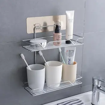 бесплатная дрель стеллаж для хранения в ванной комнате с крючком для полок в ванной комнате 2-слойный квадратный держатель для продуктов в ванной комнате или держатель для унитаза Изображение