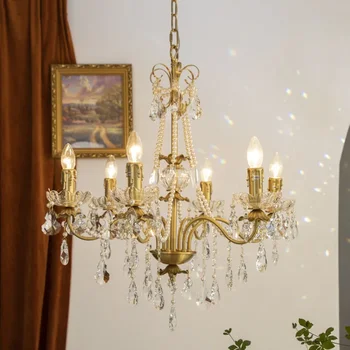 Роскошная латунная жемчужная свеча, капля воды, хрустальная люстра, вилла, итальянская гостиная, столовая, спальня, светильник Изображение