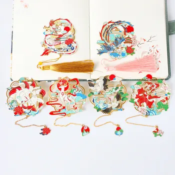 Металлические закладки с резьбой в китайском ретро-стиле, винтажный зажим для книг с лисой и птицей, с подвеской, пометкой о разбиении на страницы, школьный подарок Изображение