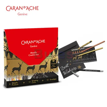 Картонная коробка для творчества CARAN D'ACHE 9 металлических цветов, 12 карточек-раскрасок, 12 конвертов ,3000.609 Изображение