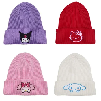 Вязаная шапка Hello Kitty Женская Аниме Sanrio My melody Kuromi skullcap Для взрослых, милая зимняя теплая мультяшная шапка в подарок на день рождения Изображение