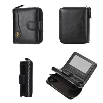 Новый стиль, мужской ретро-кошелек, короткий мужской многофункциональный кошелек, портмоне на молнии, модный кошелек с защитой от кражи, PU, Изображение