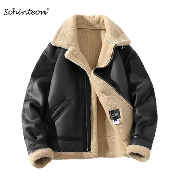 Мужская кожаная толстая куртка Schinteon, Зимняя теплая верхняя одежда в стиле пэчворк из искусственной шерсти ягненка, пальто с отложным воротником, большие размеры M-5XL Изображение