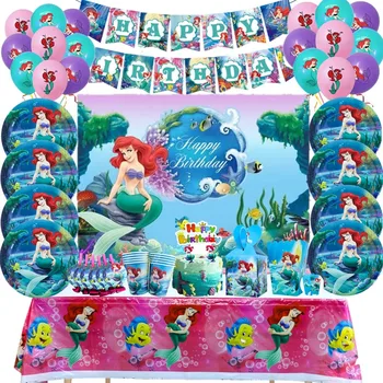 Тематика принцессы-русалочки Диснея, принадлежности для детского дня рождения, скатерть, бумажная тарелка, чашка, топпер для торта, баннер для детского душа Изображение