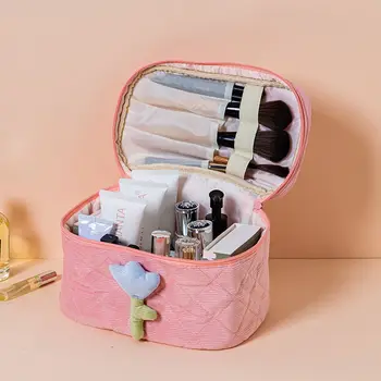 Сумка для сумок большой емкости, сумка для хранения косметики, Вельветовая косметичка, органайзер для туалетных принадлежностей, женская сумка для макияжа на молнии Изображение
