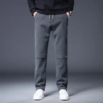 Бесплатная доставка 2023, осенне-зимние мужские новые повседневные брюки средней посадки с прямыми штанинами, саржевые Свободные удобные брюки Изображение